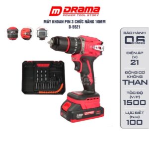 Máy khoan pin DRAMA D-5521 Động cơ Không chổi than, 10mm 3 Chức năng, Có khóa trục và điều tốc siêu mượt
